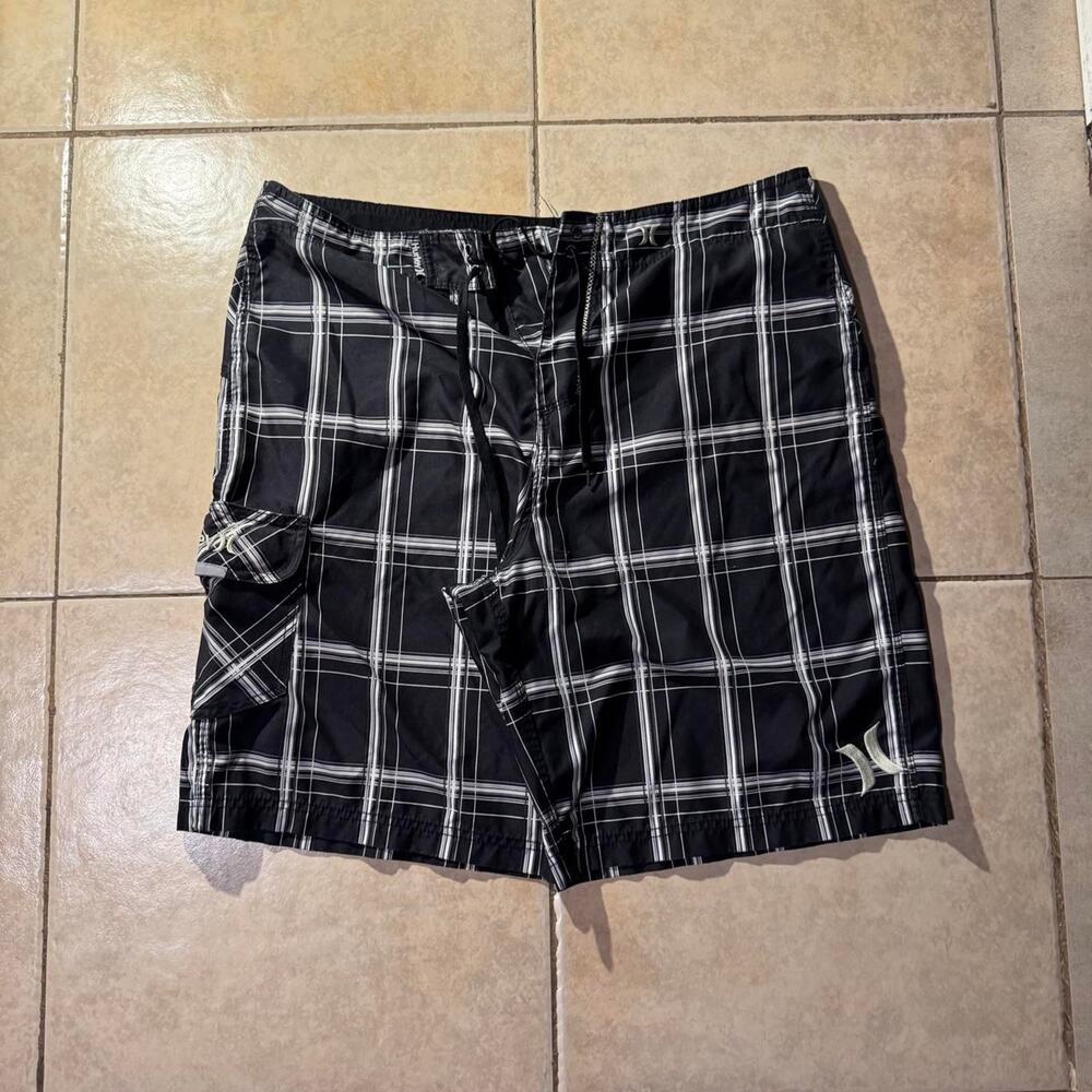 Vintage y2k hurley black plaid swimming trunks Size 36 in mens